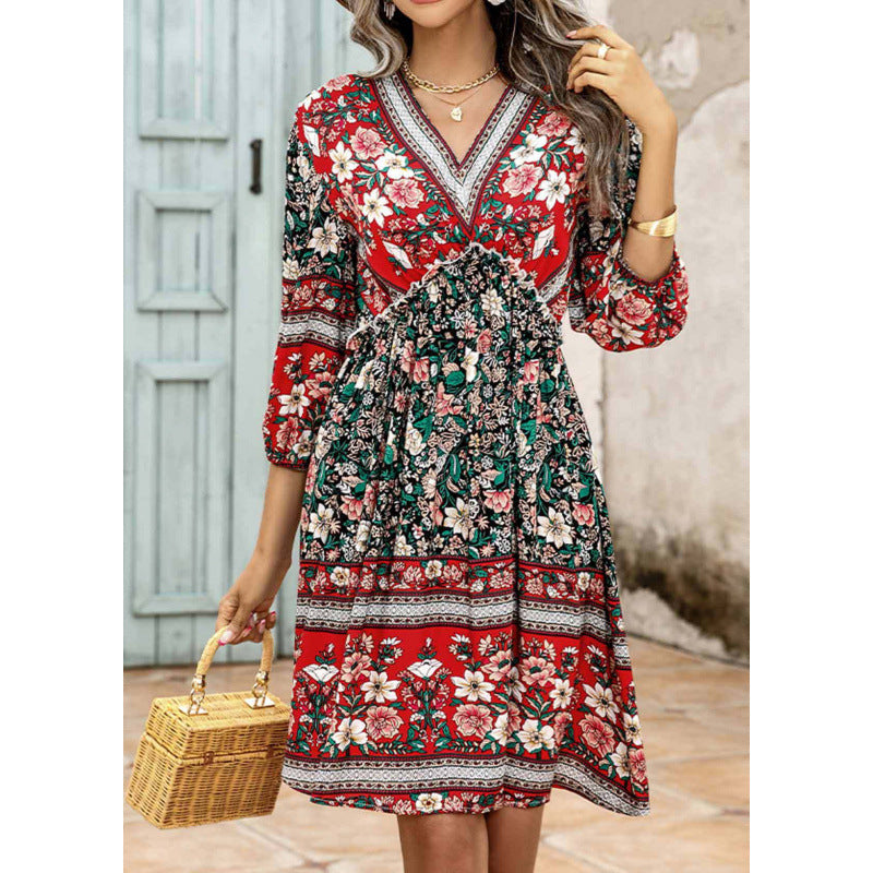 Damen Elegantes Blumenkleid mit V-Ausschnitt und elastischem Bund R&B