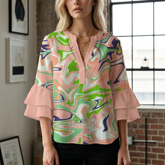Damen Blusenshirt mit voluminösen Ärmeln und kreativem Druckdesign R&B