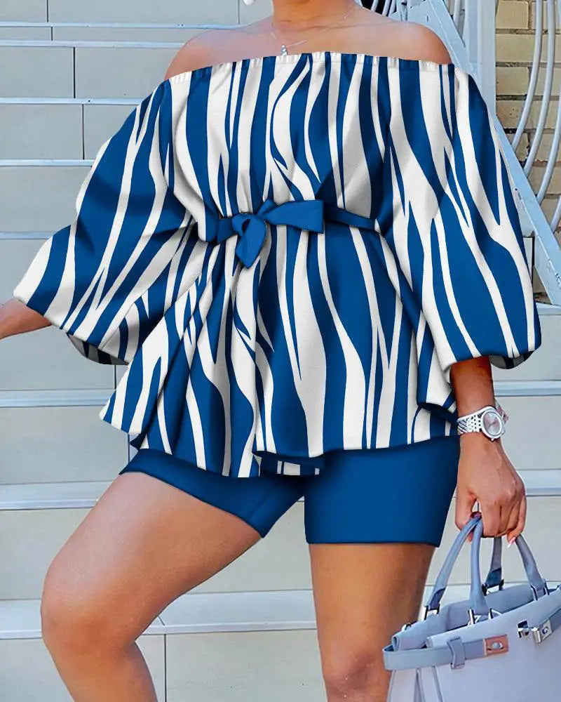 Damen Off-Shoulder Tunika mit weiten Ärmeln und elastischem Taillenband R&B