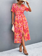 Damen Wickelmaxikleid mit floralem Muster und eleganter Schärpe R&B
