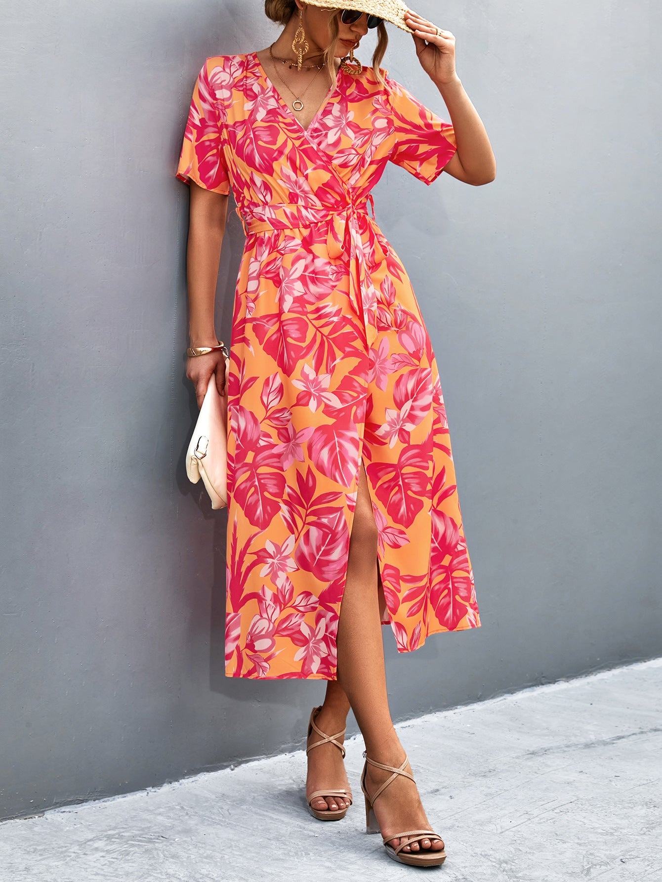 Damen Wickelmaxikleid mit floralem Muster und eleganter Schärpe R&B