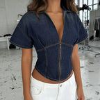Damen Kurzarm Denim-Jacke mit teilbarem Reißverschluss und modischem Schnitt R&B