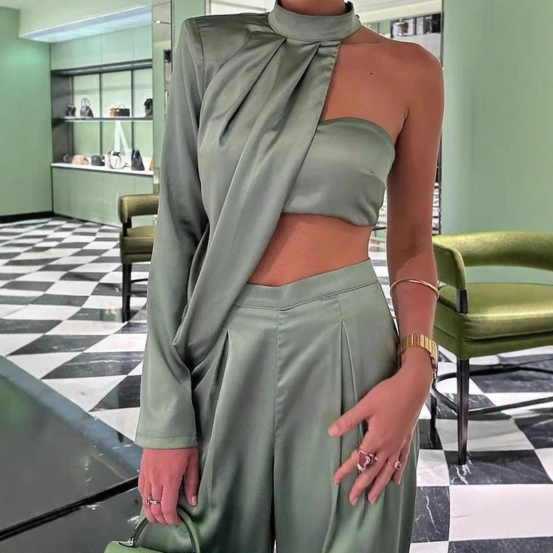 Damen Elegantes Zweiteiliges Set mit asymmetrischem Oberteil und weit geschnittener Hose R&B