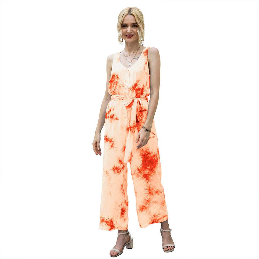 Damen lässiger Jumpsuit mit modischem Bindegürtel und Knopfleiste R&B