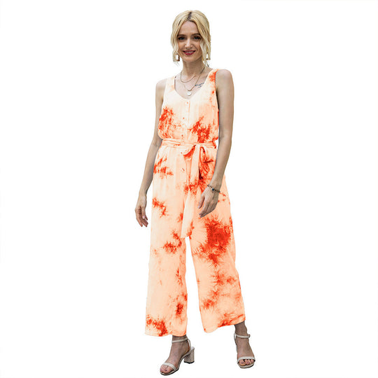 Damen lässiger Jumpsuit mit modischem Bindegürtel und Knopfleiste R&B