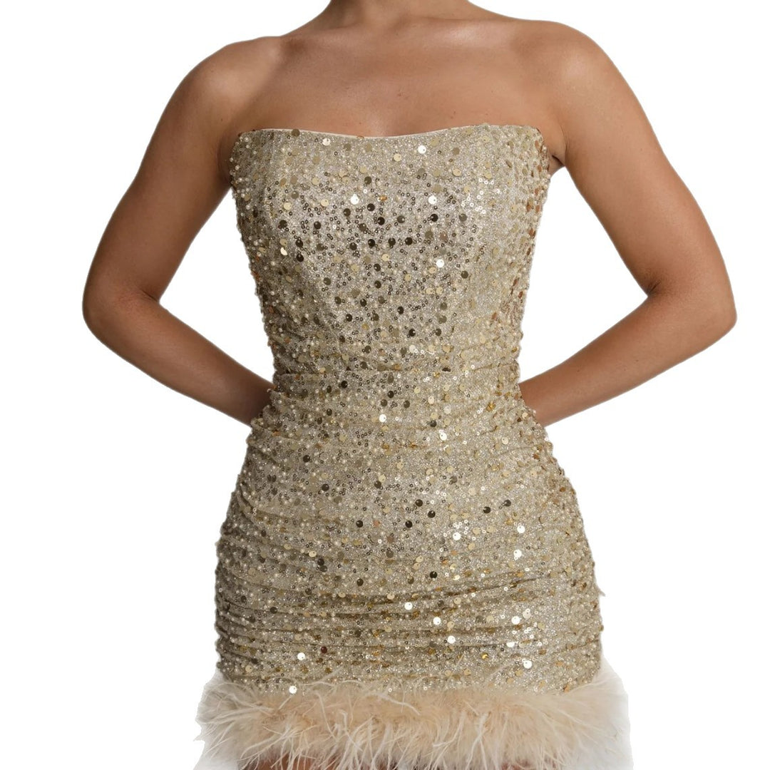 Damen Glamouröses Cocktailkleid mit Pailletten und Federkragen R&B