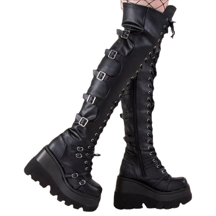 Damen Hochformatige Plateau-Stiefel mit modischem Reißverschluss und Schnür-Design R&B
