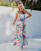 Damen Maxikleid mit buntem geometrischen Design und voluminösem Rock R&B