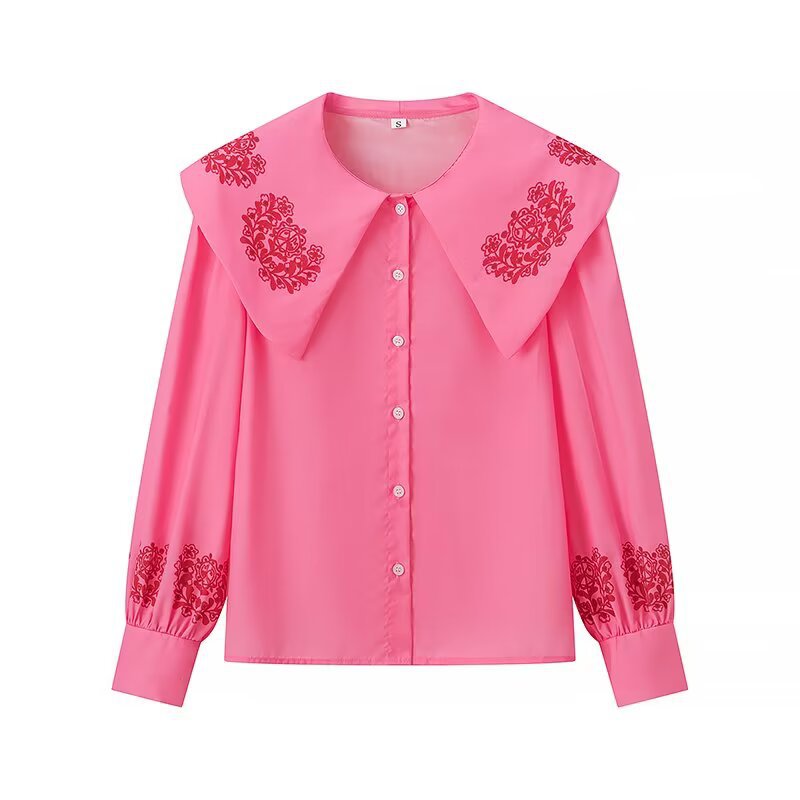 Damen Bluse mit voluminösem Kragen und floralen Stickereien R&B