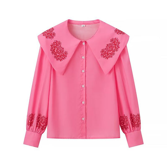 Damen Bluse mit voluminösem Kragen und floralen Stickereien R&B