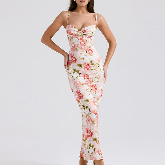 Damen Körperbetontes Maxikleid mit floralen Akzenten und verstellbaren Spaghettiträgern R&B