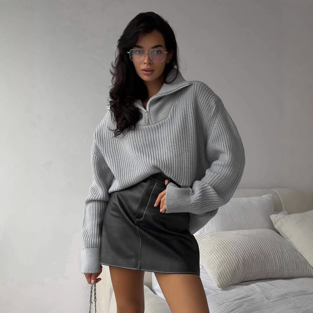 Damen Oversized Strickpullover mit hohem Kragen und Reißverschluss R&B