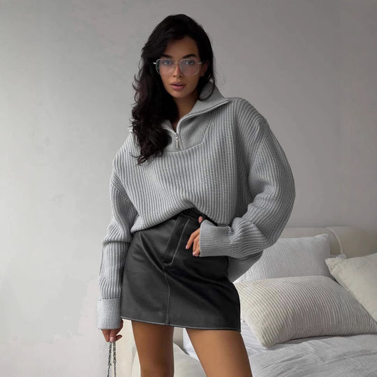 Damen Oversized Strickpullover mit hohem Kragen und Reißverschluss R&B