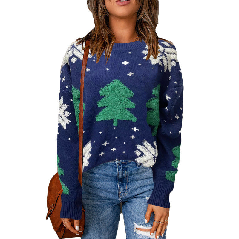 Damen Grobstrickpullover mit winterlichem Tannenbaum-Motiv und lässigem Schnitt R&B