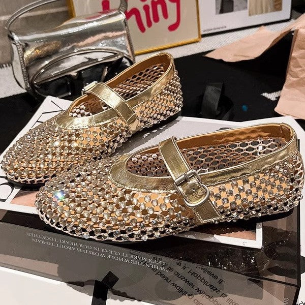Damen Ballerinas mit elegantem Strassbesatz und verstellbarem Riemchen R&B