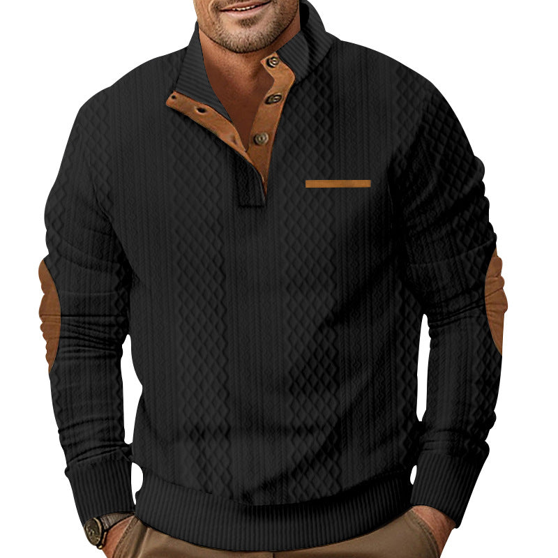 Herren nan strukturierter Strickpullover mit Stehkragen, Knopfleiste und Ellenbogenpatches R&B