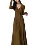 Damen elegantes Maxi-Kleid mit raffiniertem V-Ausschnitt und langen Ärmeln