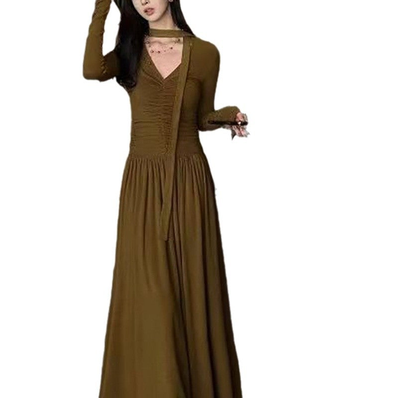 Damen elegantes Maxi-Kleid mit raffiniertem V-Ausschnitt und langen Ärmeln