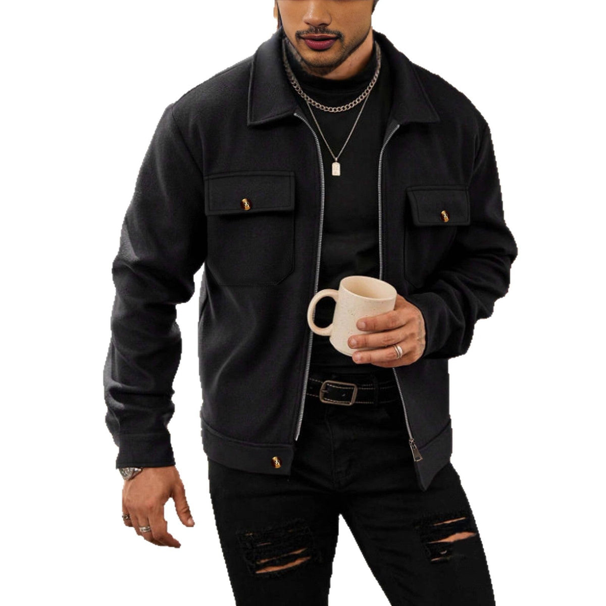 Herren nan CPO-inspiriertes Overshirt-Jacke mit aufgesetzten Brusttaschen und Reißverschluss R&B