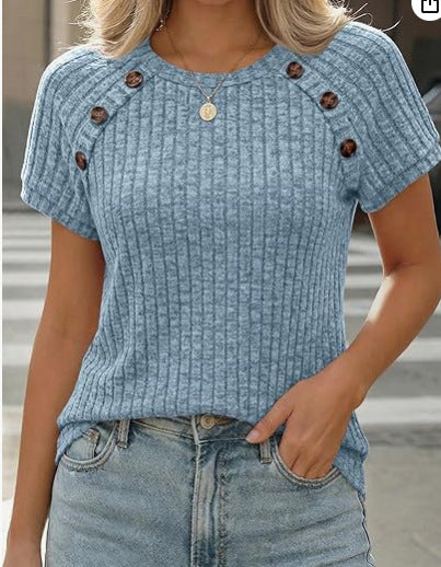 Damen lässiges Rippenstrick-T-Shirt mit Knöpfen R&B