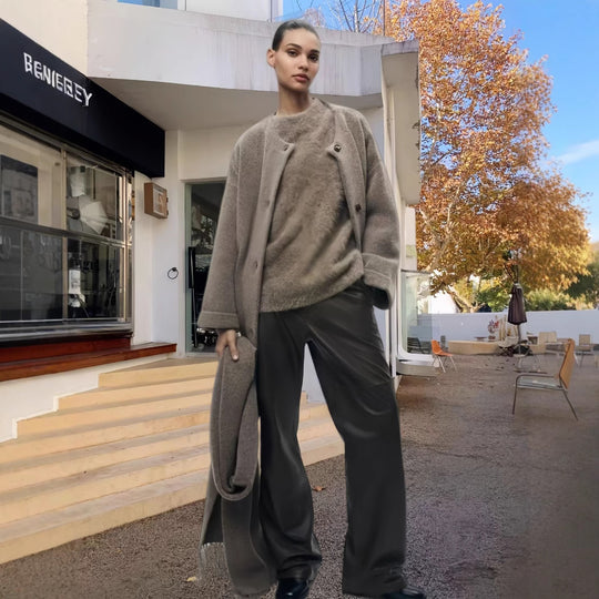 Damen elegante und warme Wickeljacke mit Schalkragen und Fransen R&B