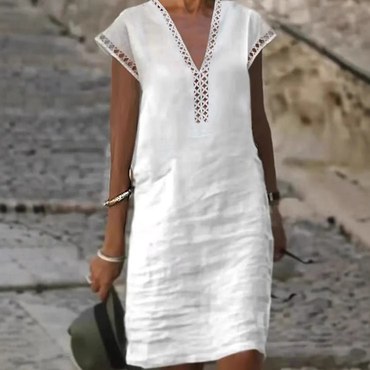 Damen nan leichtes Leinen-Kaftankleid mit V-Ausschnitt und Ajourbesatz R&B