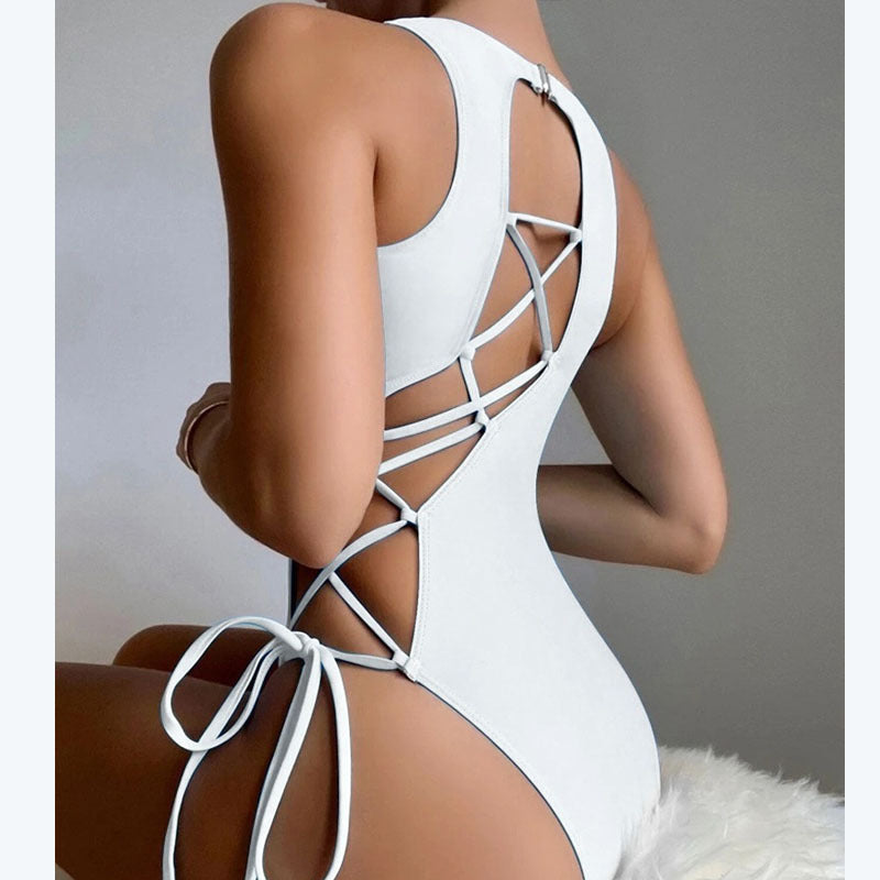Damen Einteiler Badeanzug mit Rücken-Cut-Out und regulierbaren Seitenbändern R&B