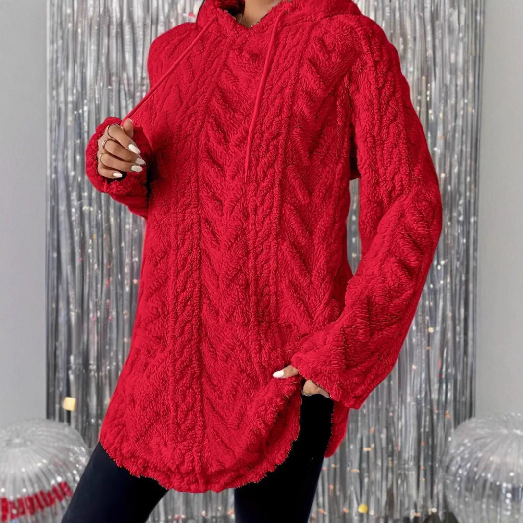 Damen Kapuzenpullover mit weichem Plüsch und modischem Zopfmuster R&B
