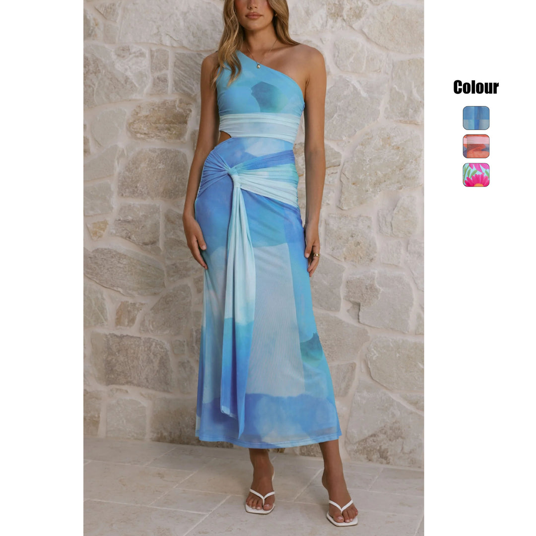 Damen Wickel-Maxikleid mit asymmetrischem Träger und floralen Akzenten R&B