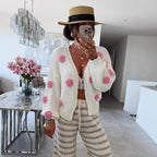 Damen gemütlicher Strickcardigan mit verspielten Blumenapplikationen R&B