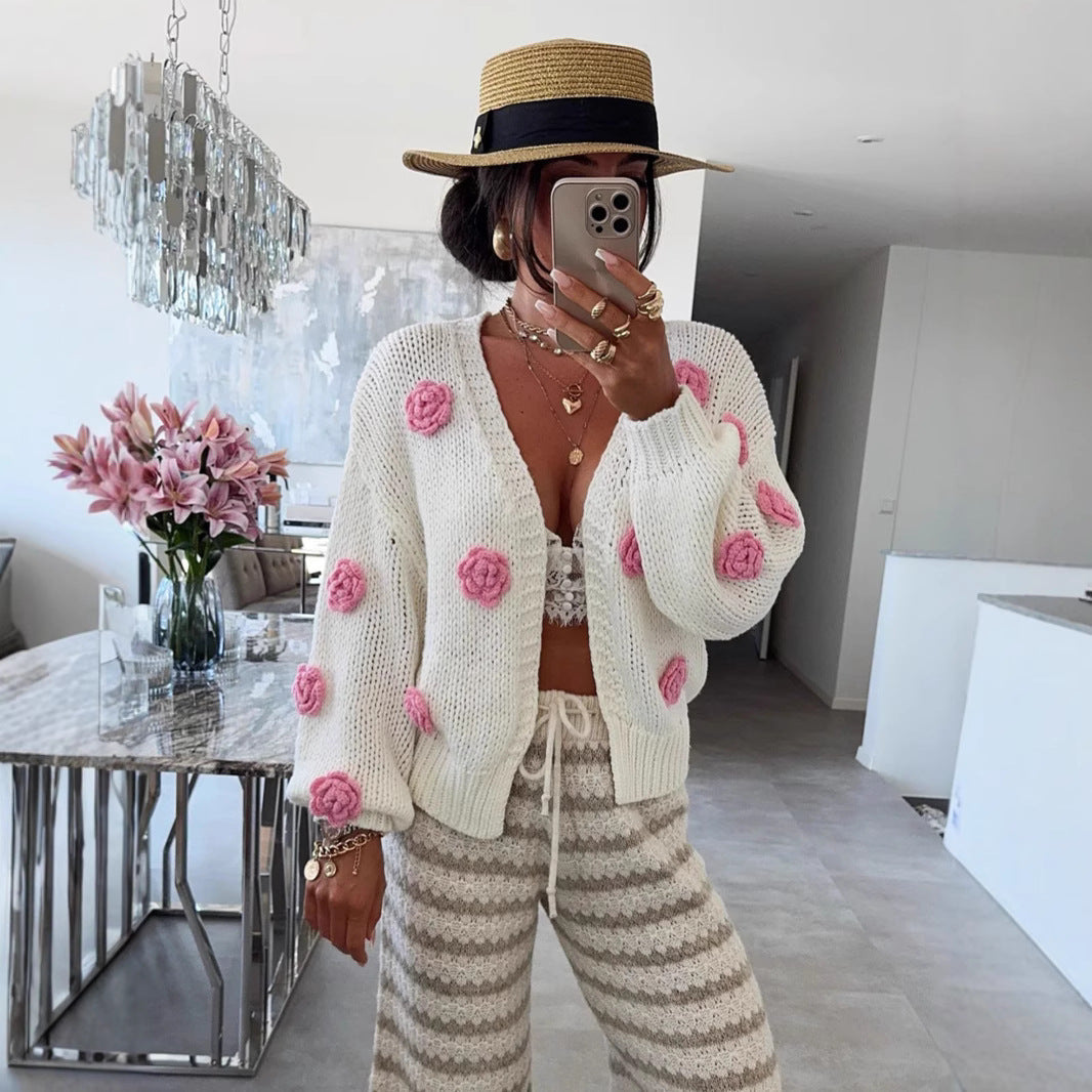Damen gemütlicher Strickcardigan mit verspielten Blumenapplikationen R&B
