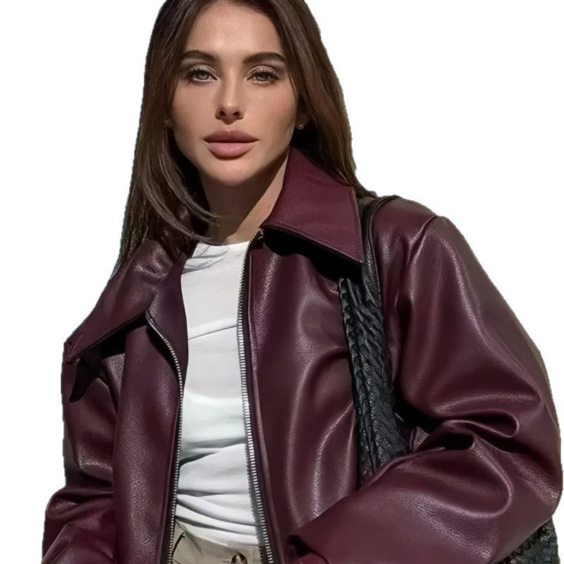 Damen Kunstlederjacke mit Stehkragen und voluminösen Ärmeln R&B