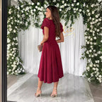 Damen A-Linie Kleid mit Puffärmeln und schmalem V-Ausschnitt R&B
