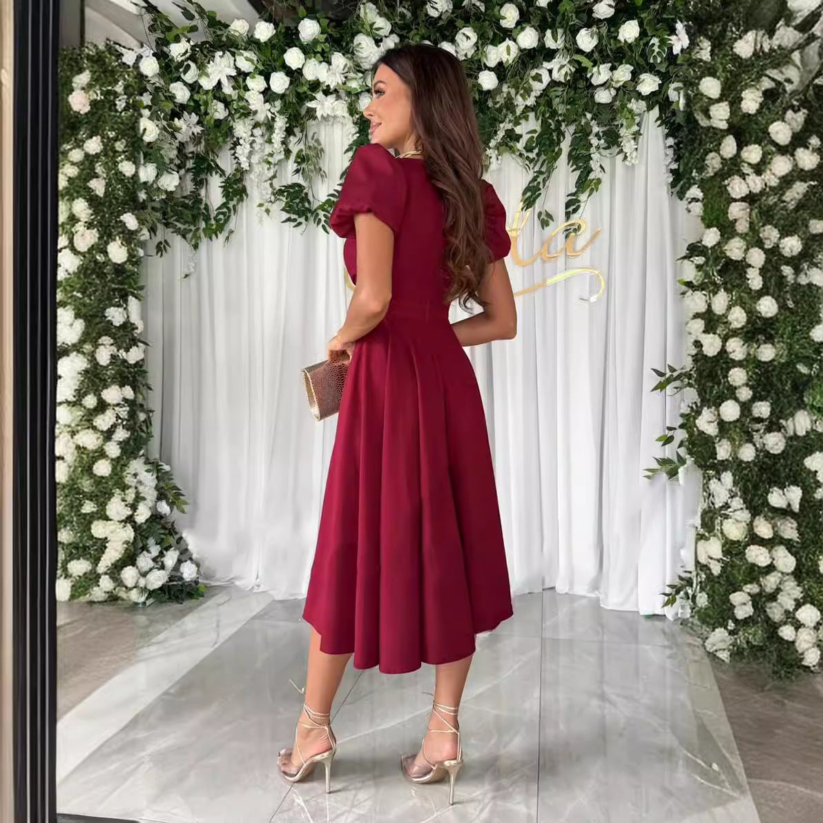 Damen A-Linie Kleid mit Puffärmeln und schmalem V-Ausschnitt R&B