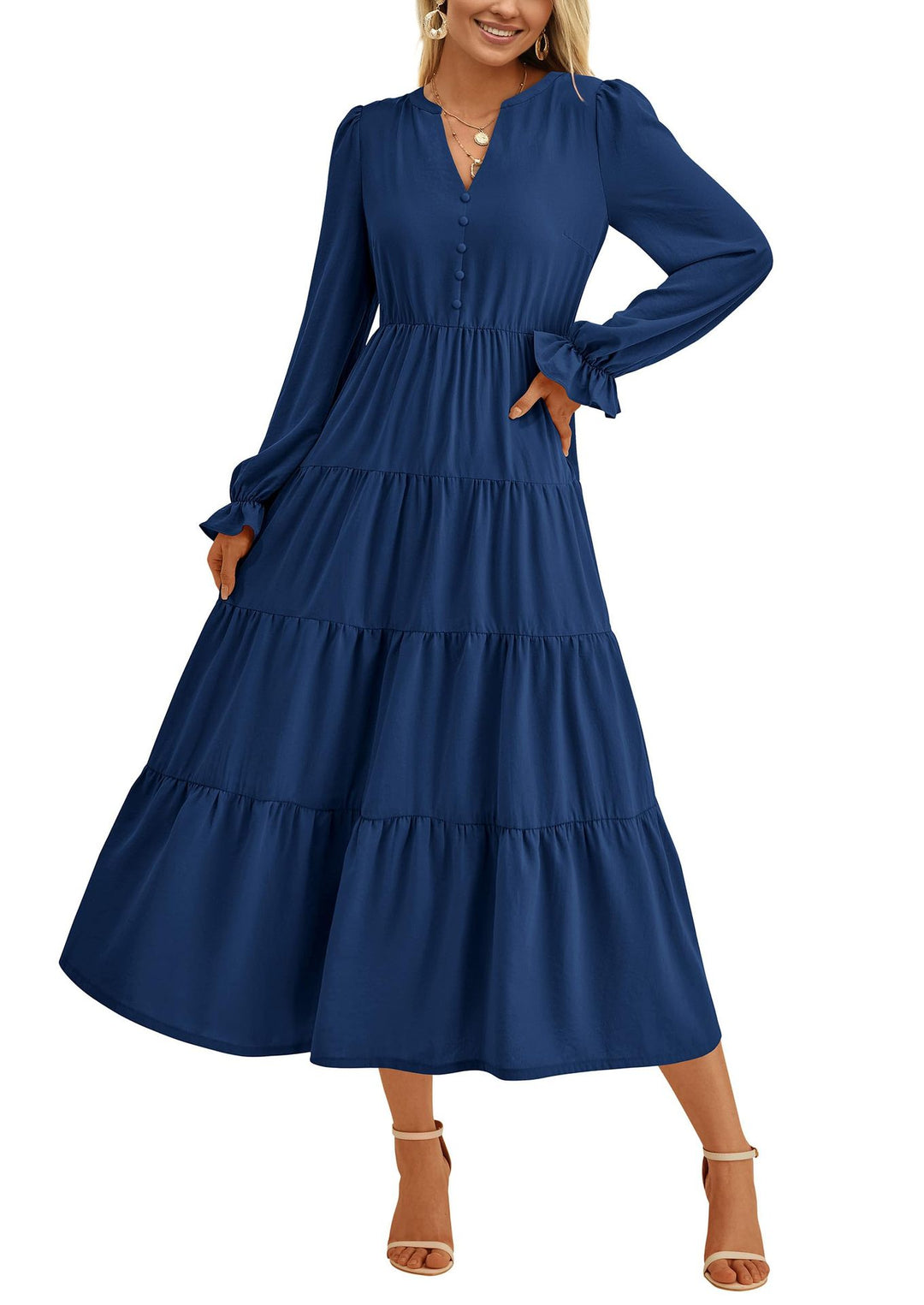 Damen Maxikleid mit romantischen Rüschendetails und elegantem V-Ausschnitt R&B