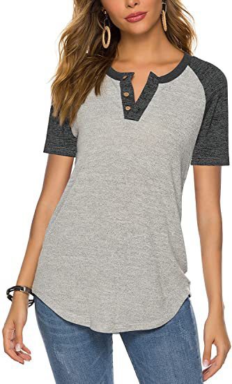 Damen lässiges Kurzarm-Henley-Shirt mit Knopfleiste R&B