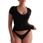 Damen figurbetontes V-Neck T-Shirt mit kurzen Ärmeln R&B