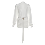 Damen Wickelbluse mit eleganter Raffung und buntem Broschenverschluss R&B