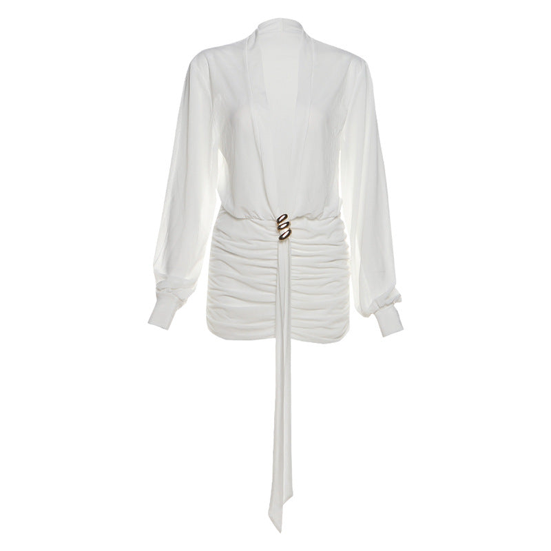 Damen Wickelbluse mit eleganter Raffung und buntem Broschenverschluss R&B