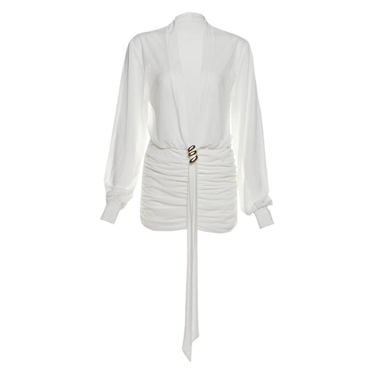 Damen Wickelbluse mit eleganter Raffung und buntem Broschenverschluss R&B