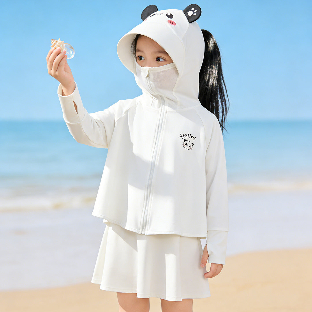 Unisex Nan Kids hoch UPF bewertete Kapuzen-Sonnen-Schutzjacke mit Reißverschluss-Gesichtsschutz und Pferdeschwanzöffnung R&B