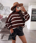 Damen gestreifter Oversized-Pullover mit modischem Rollkragen R&B