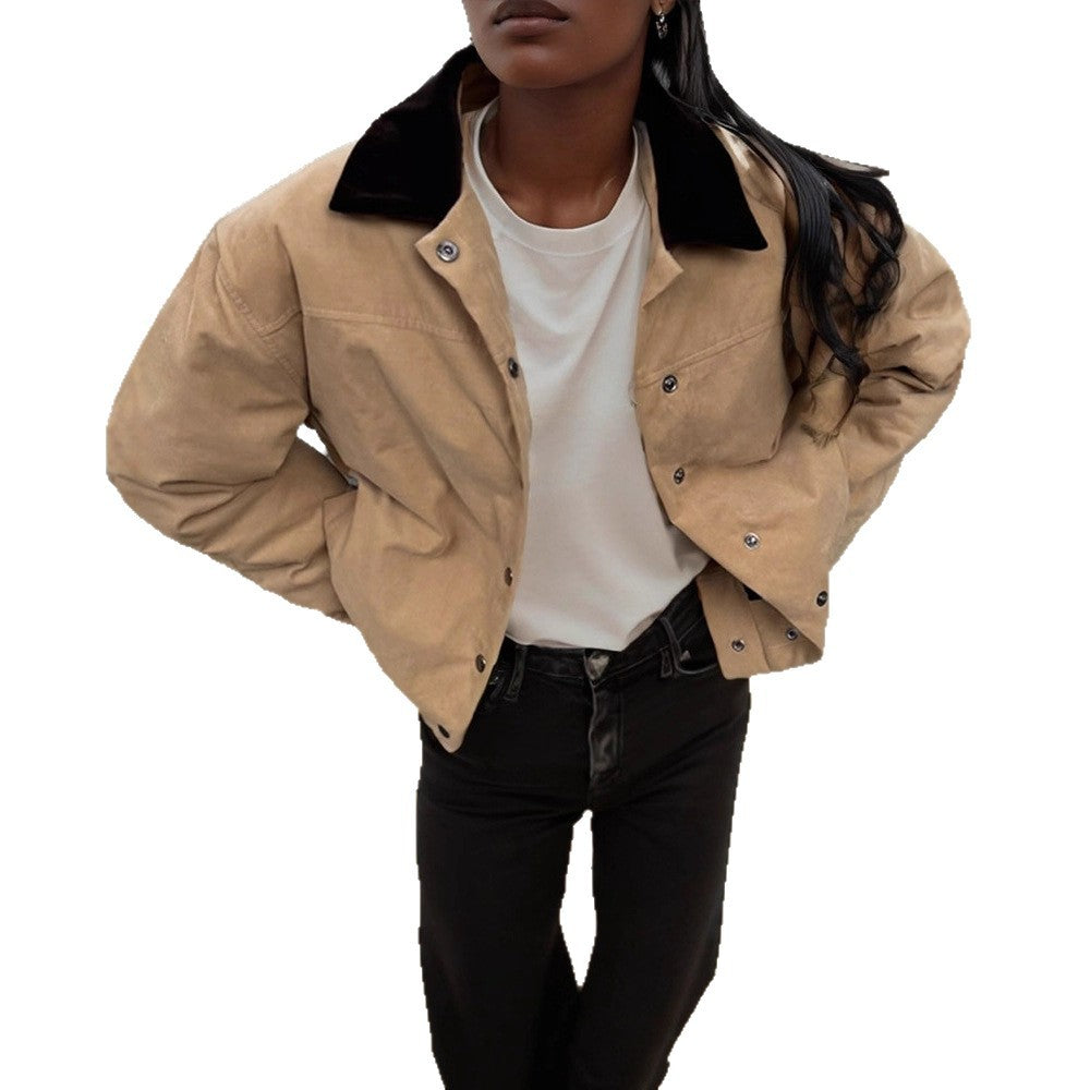 Damen modische Oversized-Jacke mit Samtkragen und Druckknopfverschluss R&B