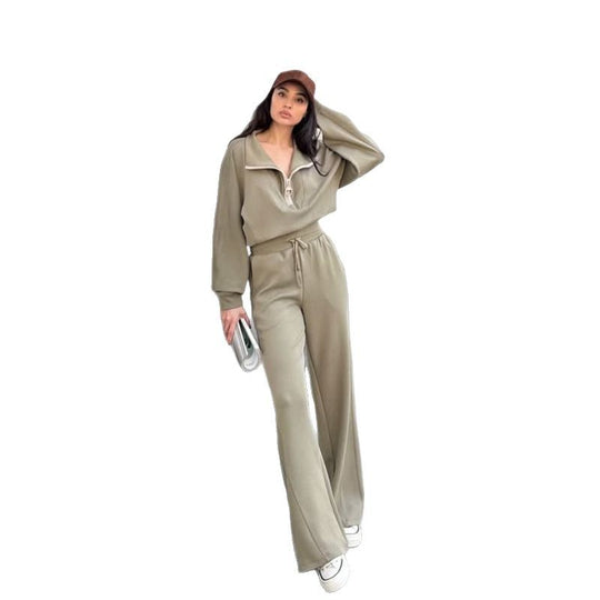 Damen gemütliches Fleece-Loungewear-Set mit hochgezogenem Kragen und lockerer Passform R&B