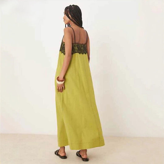 Damen nan nachtwäscheinspiriertes Maxikleid mit Spitzenbustier und schmalen Spaghettiträgern R&B