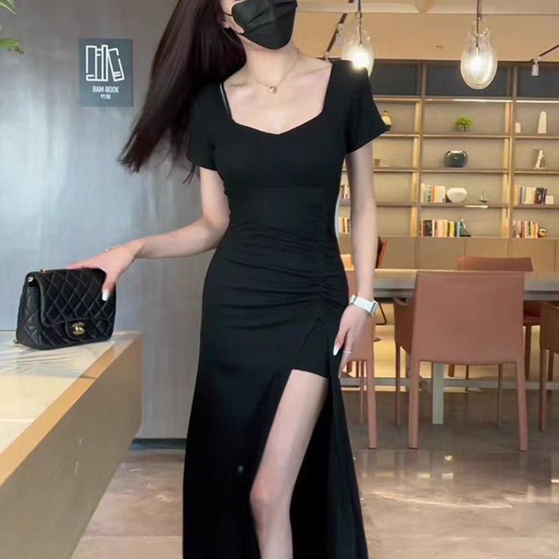 Damen figurbetontes langes Kleid mit schickem Raffungseffekt und hohem Schlitz R&B