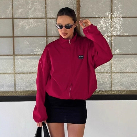 Damen Sportliche Oversized-Jacke mit hohem Kragen und Reißverschluss R&B