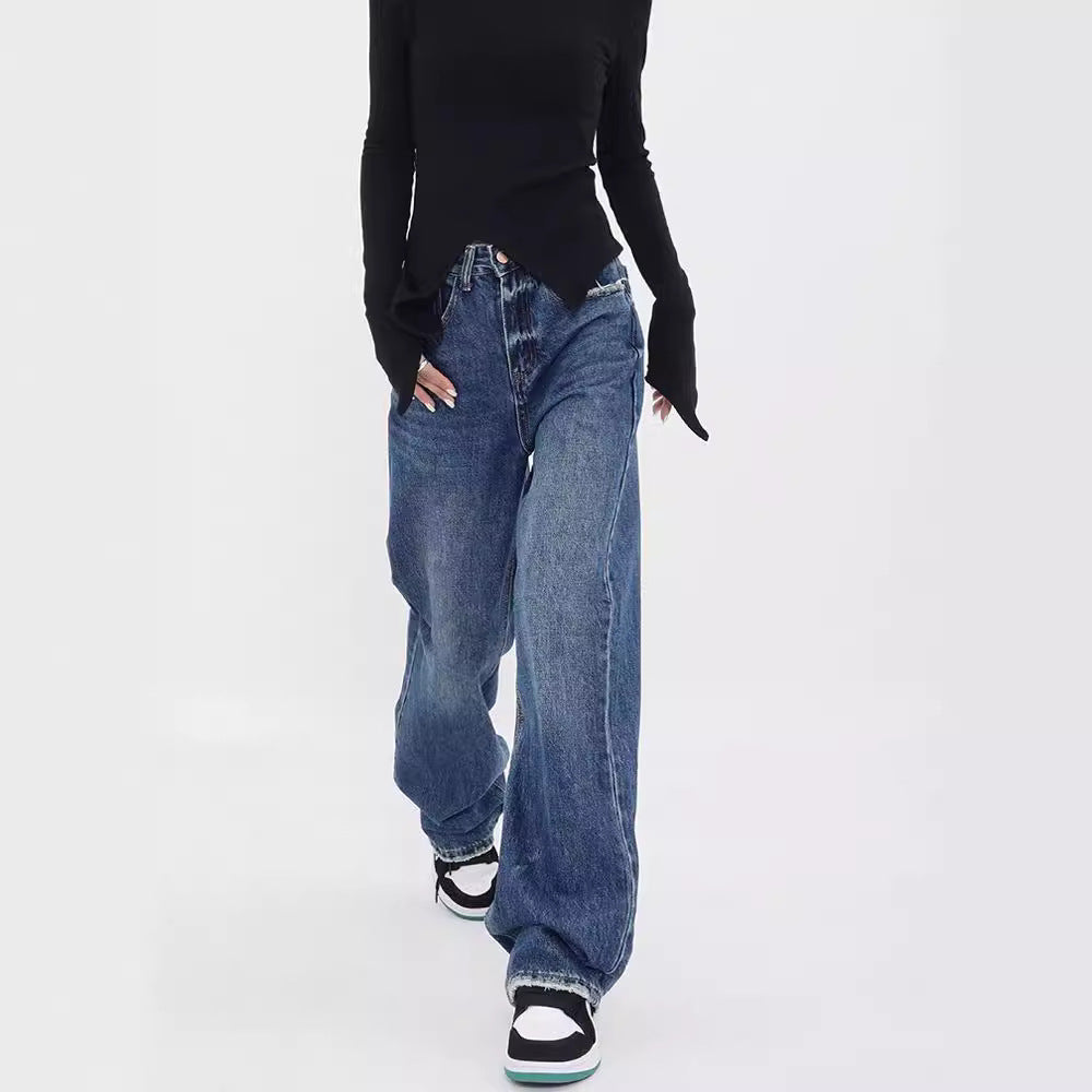 Damen weit geschnittene Denim-Hose mit stilvollen Fransendetails R&B