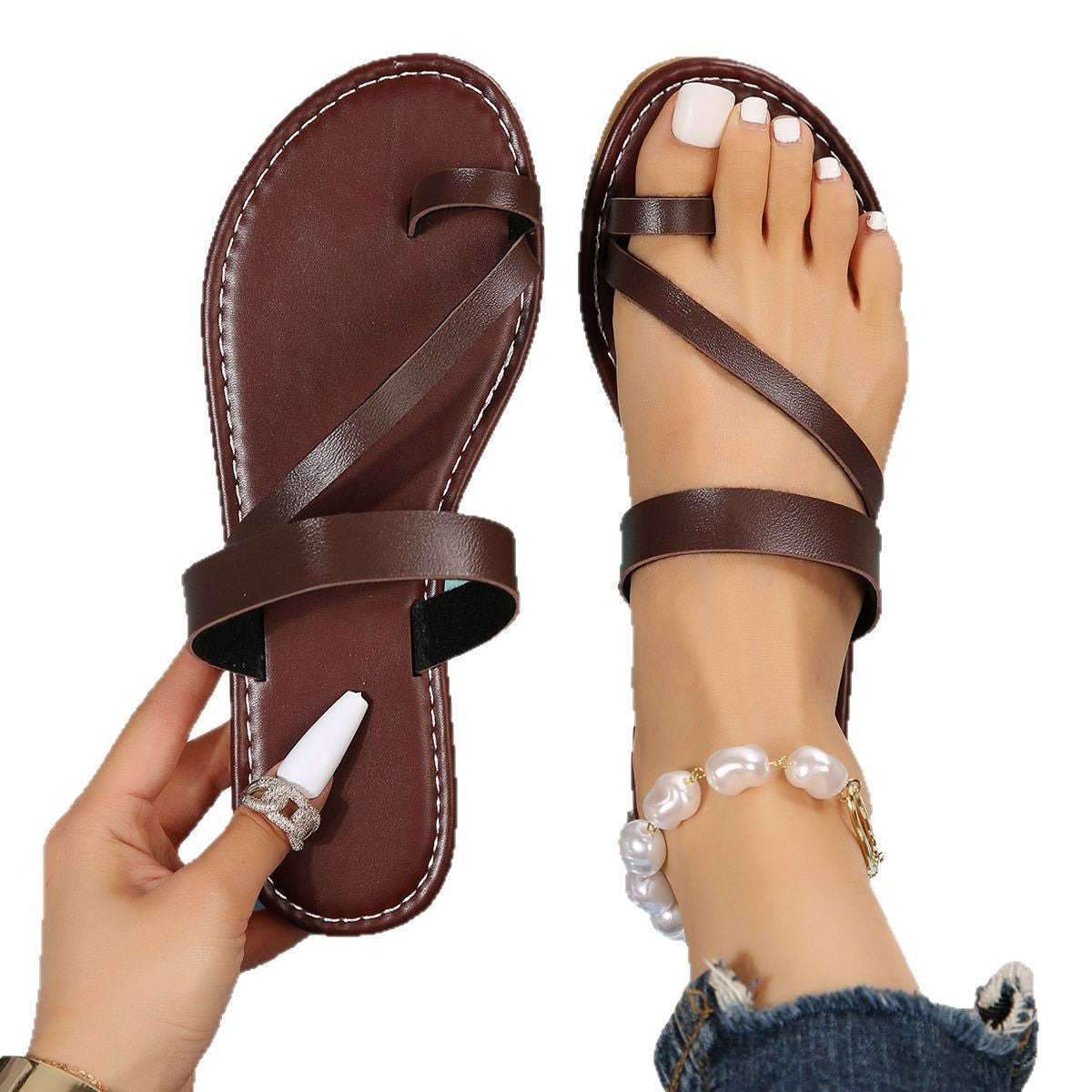 Damen elegante Riemchen-Pantoletten mit schimmerndem Perlenschmuck R&B
