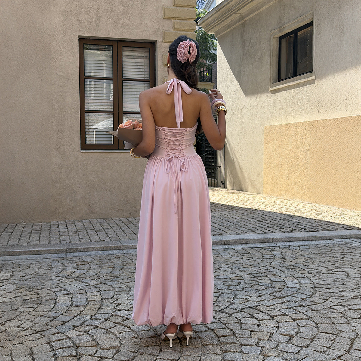Damen Maxikleid mit Rüschen und tiefem Schlitz R&B